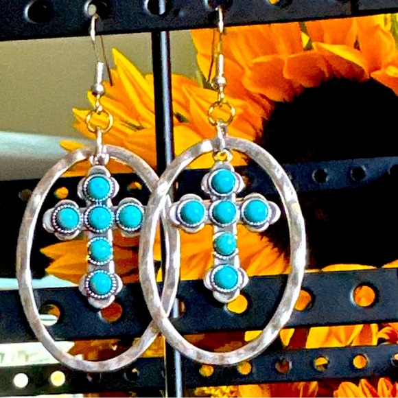 Turquoise and silver cross long dangle earrings/protection and peace - Picture 1 of 6